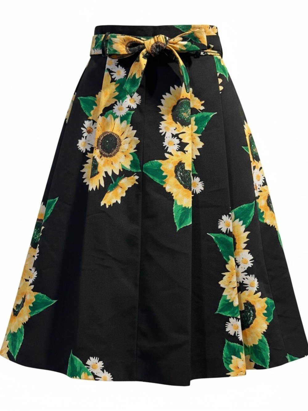 Black Sunflower A-Line Midi Skirt with Waist Tie